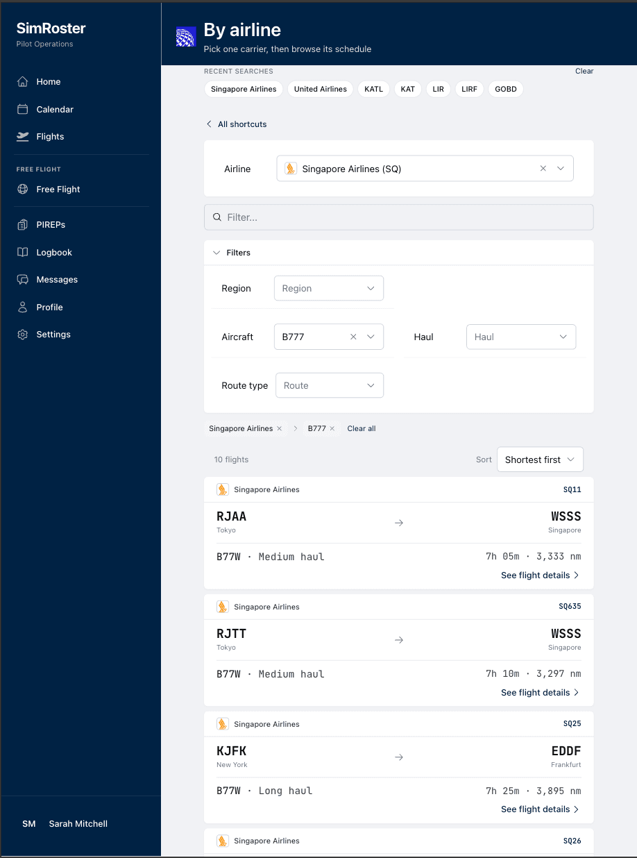 SimRoster Flight Browser, expanded layout