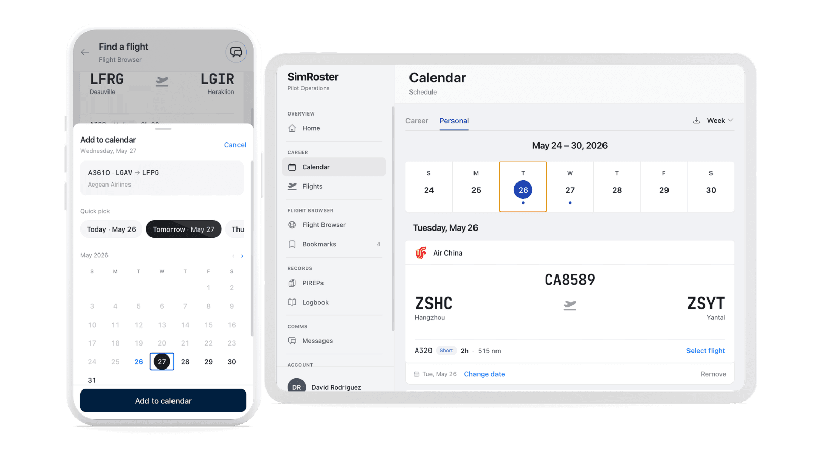 SimRoster Calendar with Career and Personal schedule views